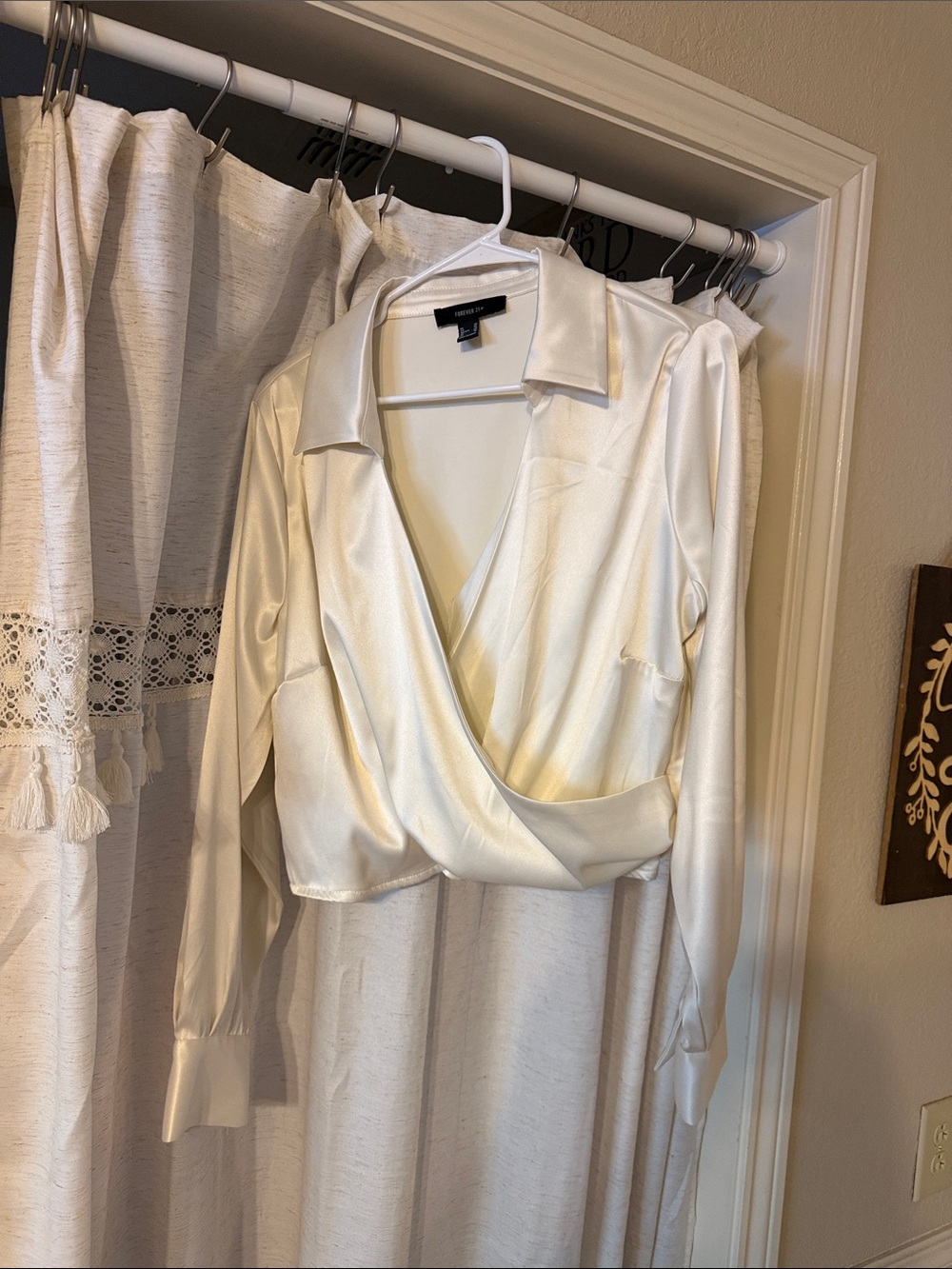 Forever 21 Ivory Satin Wrap Button-Down Blouse